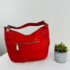 Cole Haan Red Pebbled Leather Hobo Shoulder Bag Gold Hardware Zip Top Purse